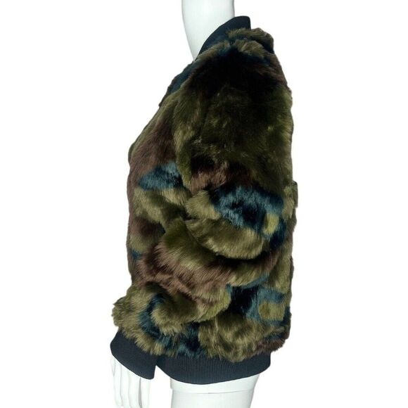 Anthro Marrakech Faux Fur Bomber Jacket Womens Small Multicolor Camo Patchwork - Picture 2 of 9